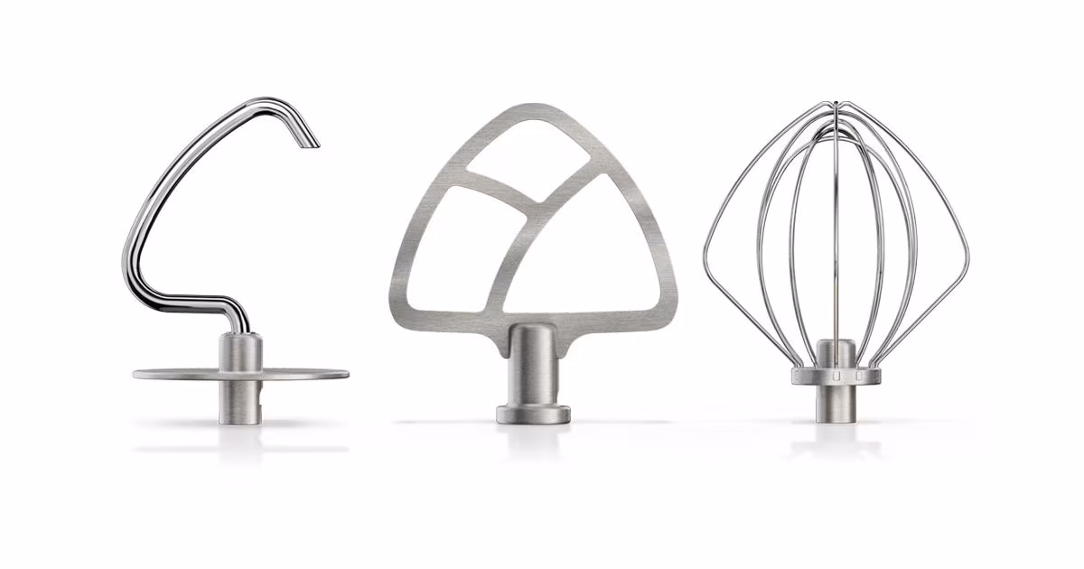 KitchenAid Durable stainless steel 3-piece accessory set with dough hook, flat beater, and wire whip for select KitchenAid tilt-head stand mixers.